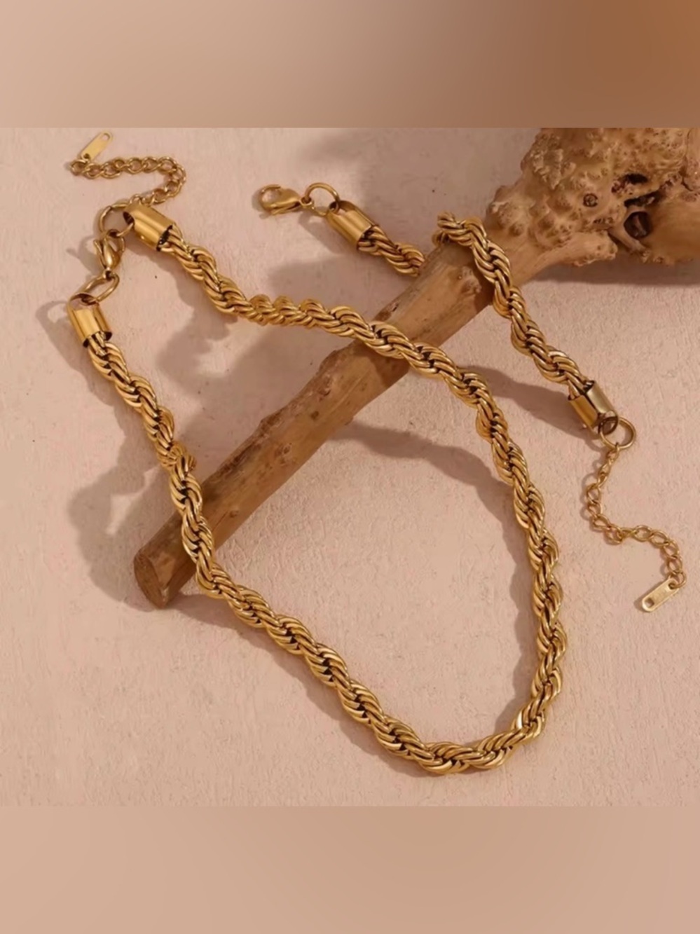 Rope Necklace 18K Gold Stainless Steel Twisted Necklace Bracelet NEW SET!